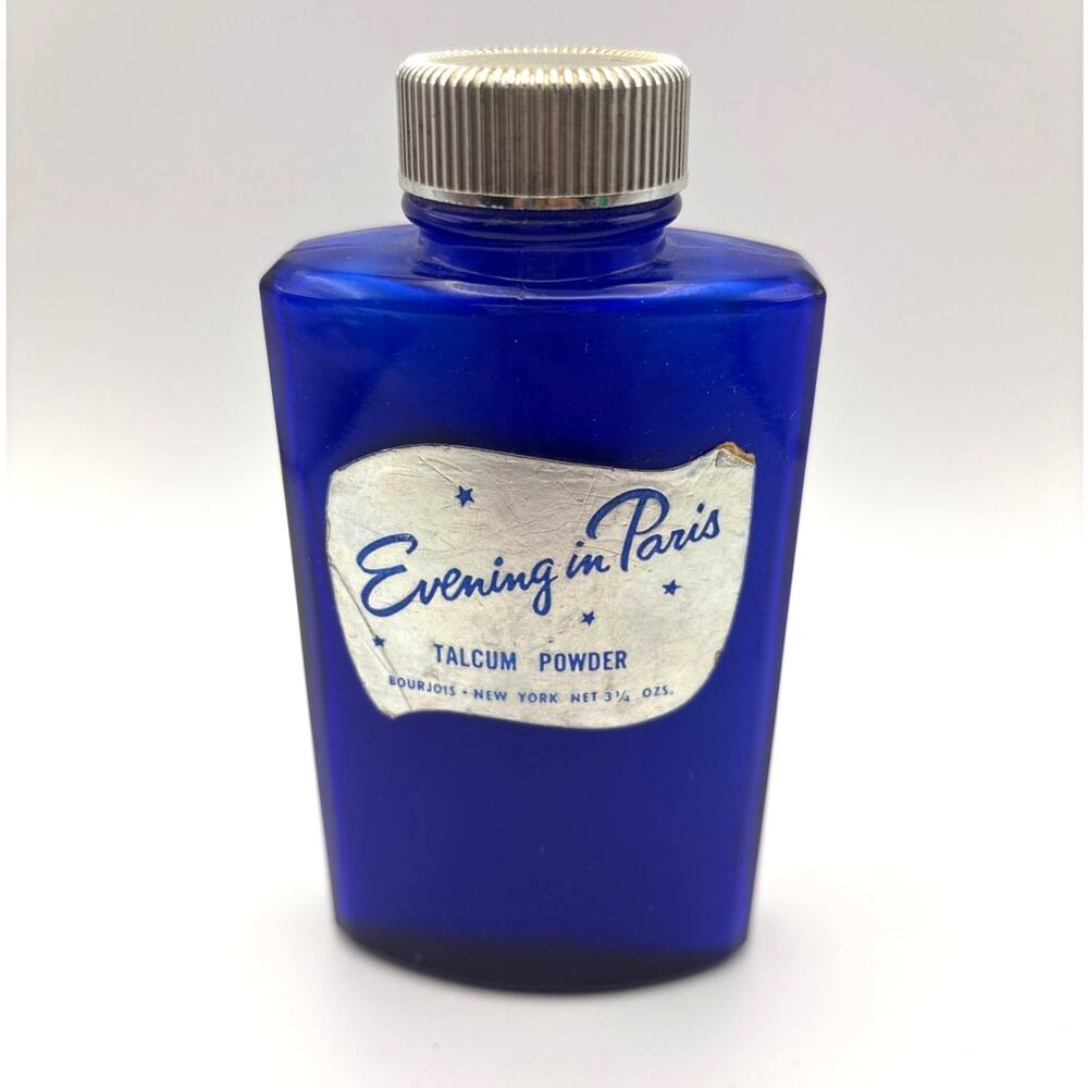 Vintage "Evening in Paris" Talcum Powder Bottle Cobalt Blue Glass Full Vanity